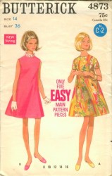 4873 BUTTERICK 1968 HIGH FIT SEAMED SWING TENT DRESS PATTERN  12 34"B or 10 32.5b choice